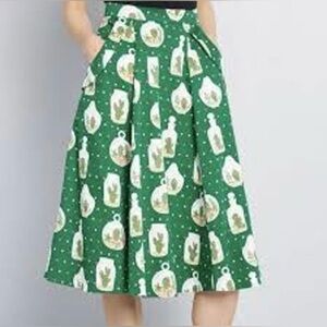 COLLECTIF X MODCLOTH Theodora Cactus Swing Midi Skirt Fit & Flare Green Large